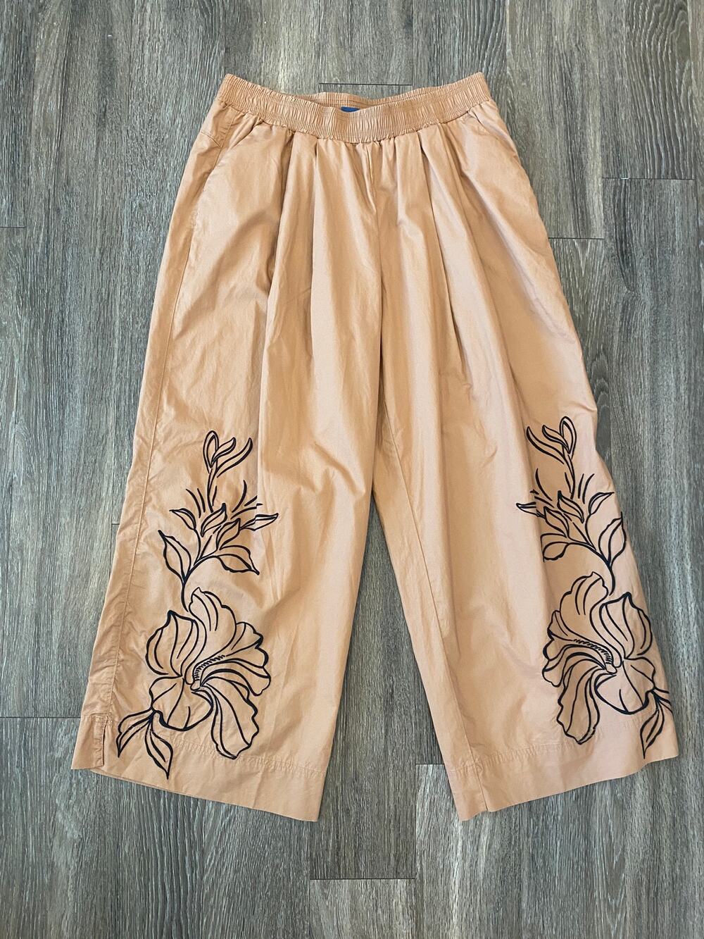 Democracy Floral Embroidered Wide Leg Pull On Pants Women's XL Tan Lyocell NWOT